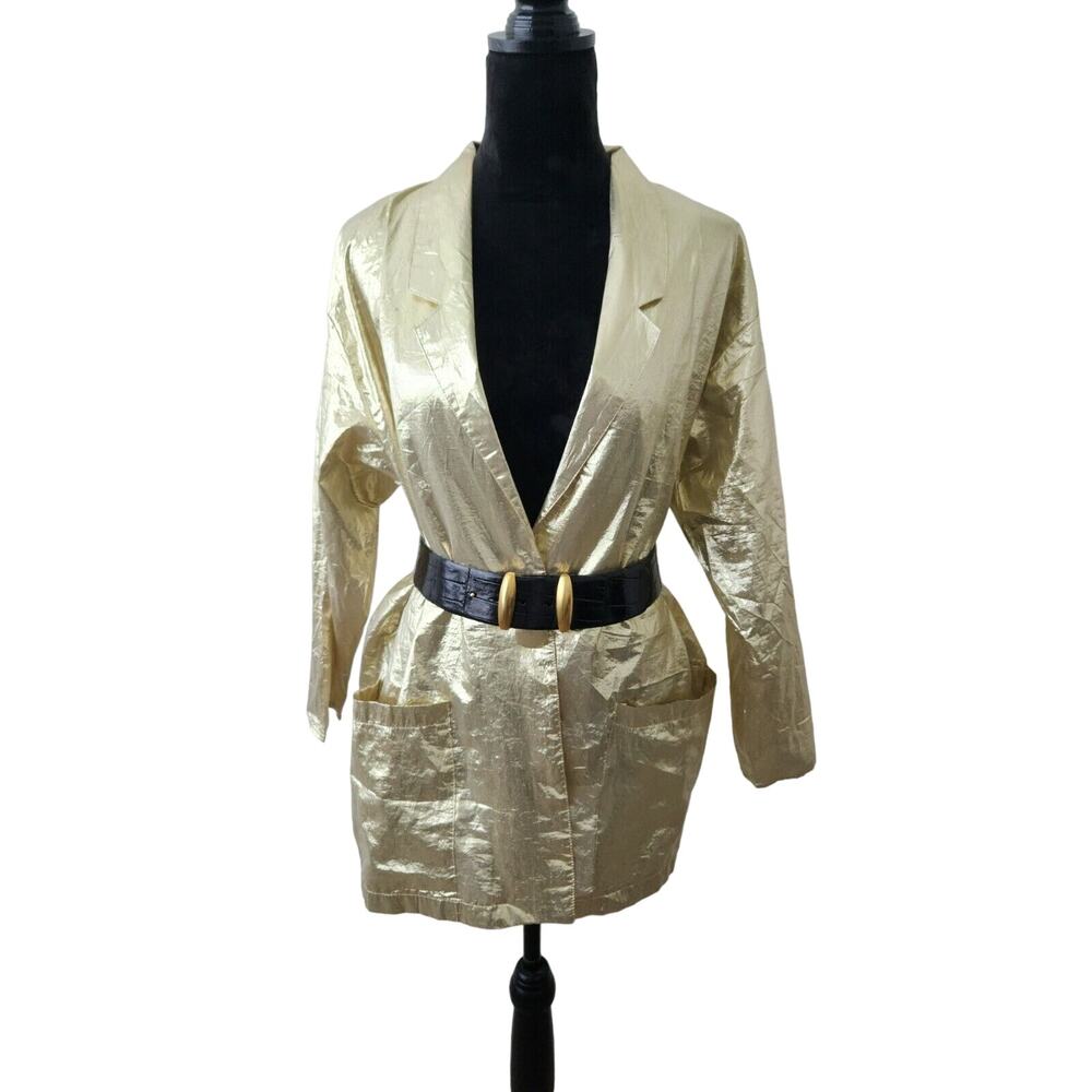80s Hug & 1/2 Metallic Gold Lamé Blazer With Front Pocket